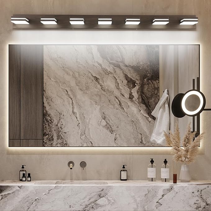 SineRise LED Modern Bathroom Vanity Light Fixtures, Modern Acrylic Bathroom Wall Lighting Fixtures Over Mirror, 7-Light, 55-Inch, Brown, 100%-0% White