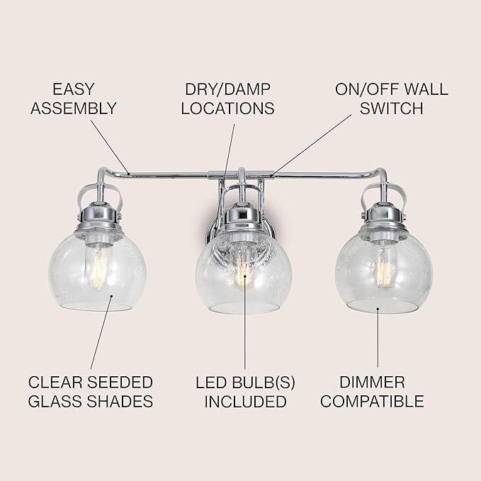 JONATHAN Y 24" Chrome Shirley 3-Light Bathroom Vanity Light, Metal Wall Sconce, Clear Seeded Glass Shade, Modern Transitional Farmhouse Fixture, LED Bulbs Included (JYL7405A)
