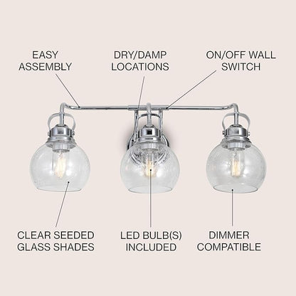 JONATHAN Y 24" Chrome Shirley 3-Light Bathroom Vanity Light, Metal Wall Sconce, Clear Seeded Glass Shade, Modern Transitional Farmhouse Fixture, LED Bulbs Included (JYL7405A)
