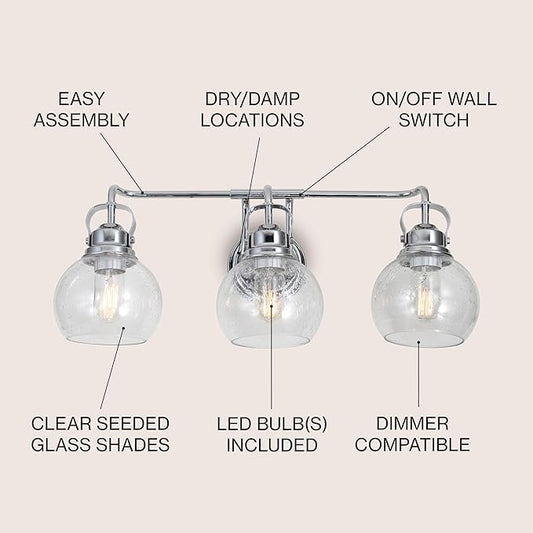 JONATHAN Y 24" Chrome Shirley 3-Light Bathroom Vanity Light, Metal Wall Sconce, Clear Seeded Glass Shade, Modern Transitional Farmhouse Fixture, LED Bulbs Included (JYL7405A)
