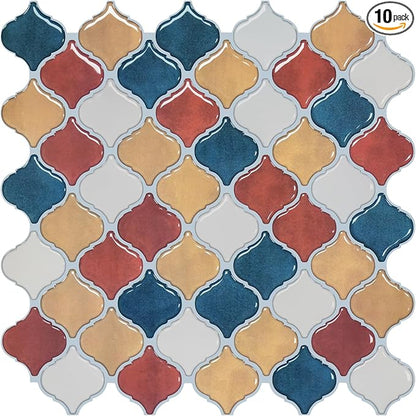 STICKGOO Arabesque Peel and Stick Backsplash, 12”X12” Backsplash Tile for Kitchen Peel and Stick, Self Adhesive Wall Tile Stick on Tiles (Moroccan Multi-Color)