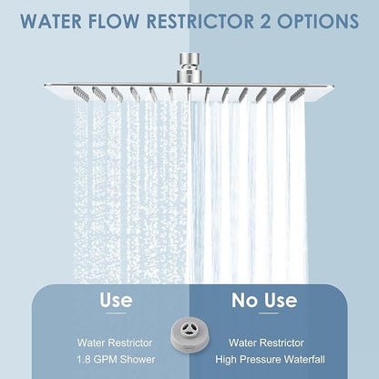 12x8 Inch Rectangle Rain Shower Head Chrome, All Metal Stainless Steel 304, Full Body Rainfall Shower with 112 Silicone Nozzles, Ceiling Rain Showerheads