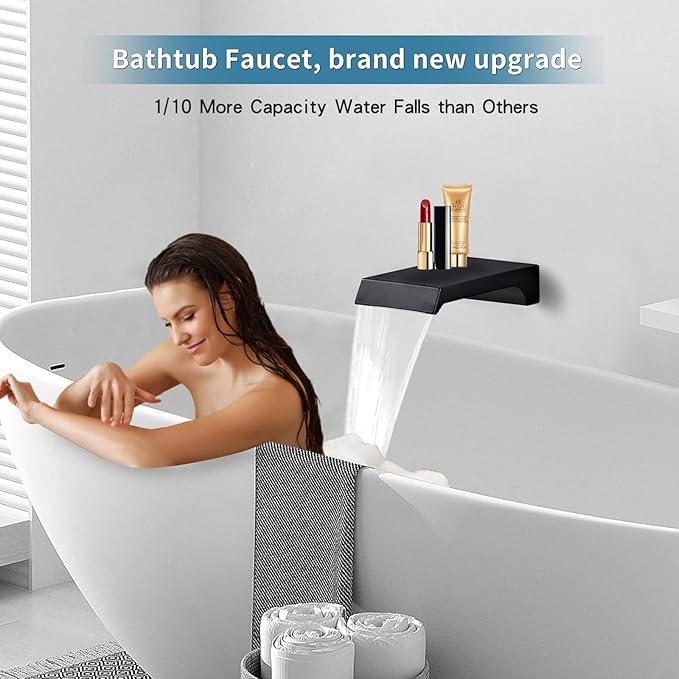 Shower Faucet Set Complete, Shower System Black with 10 inch Square Rainfall Shower Head 3-Function Handheld Shower Waterfall Bathtub Spout Rain Shower Combo Mounted Bathroom Wall fit All Valve Types