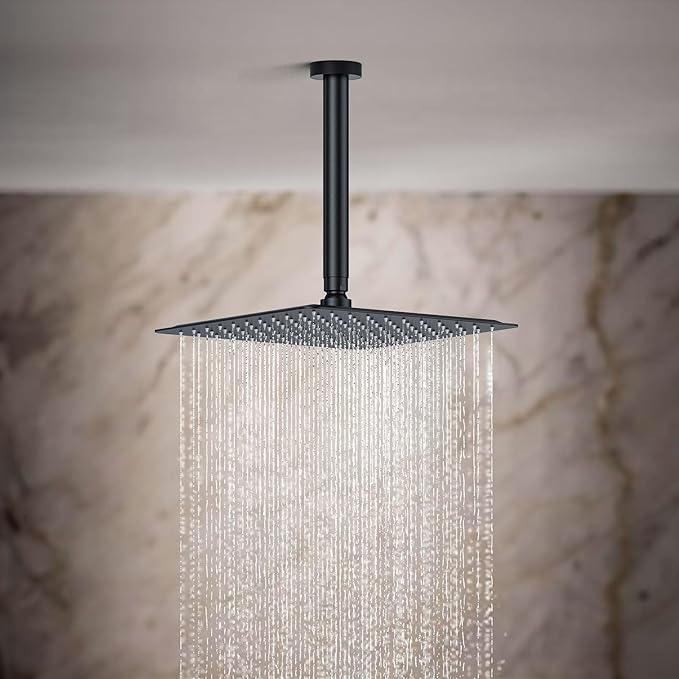Rain Shower System 12IN Modern Brass Faucet Set With Valve and Diverter Shower Mixer With Handheld High Pressure Square Rainfall Shower Valve (12'' Ceiling Mount, Matte Black)