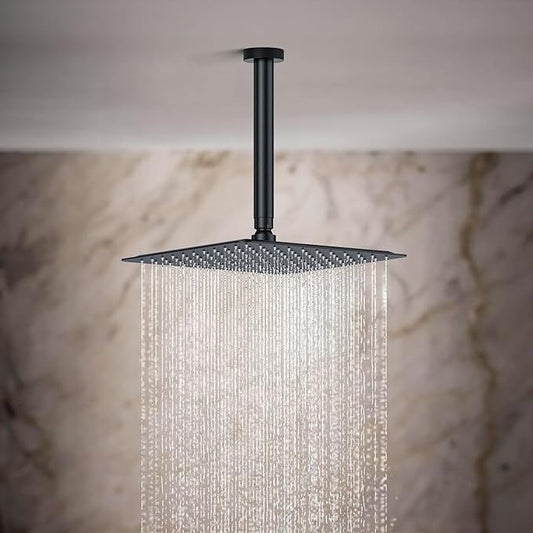 Rain Shower System 12IN Modern Brass Faucet Set With Valve and Diverter Shower Mixer With Handheld High Pressure Square Rainfall Shower Valve (12'' Ceiling Mount, Matte Black)