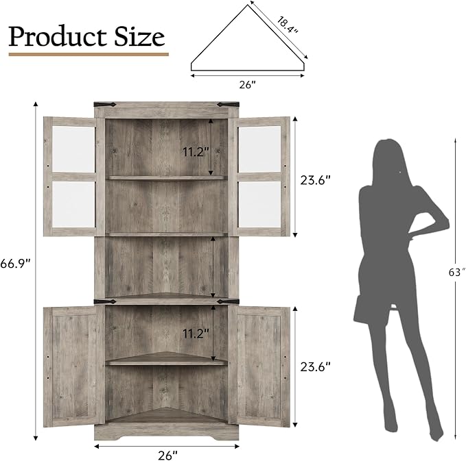 GAOMON Farmhouse Corner Cabinet, Tall Corner Storage Cabinet with Glass Door & Adjustable Shelves, Bathroom Cabinet with Storage for Living Room, Kitchen, Bathroom, Washed Grey
