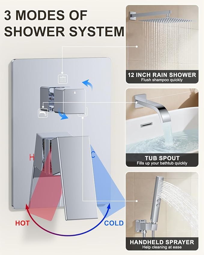 Chrome Shower System with Tub Spout, Wall Mounted Bathtub Shower Faucet Set, 12" Rainfall Shower Head and Handheld Shower Combo, High Pressure Shower Fixtures Set with Rough-in Valve
