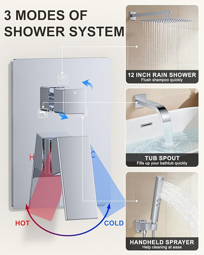 Chrome Shower System with Tub Spout, Wall Mounted Bathtub Shower Faucet Set, 12" Rainfall Shower Head and Handheld Shower Combo, High Pressure Shower Fixtures Set with Rough-in Valve