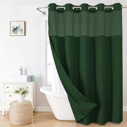 eachope No Hook Fabric Shower Curtain with Snap-in Liner,71x74Emerald Green | Linen Texture,230GSM Thick Fabric,Hotel Luxury Decor,Mesh Window,Bottom magnetic ,Waterproof & Machine Washable,for Bathroom