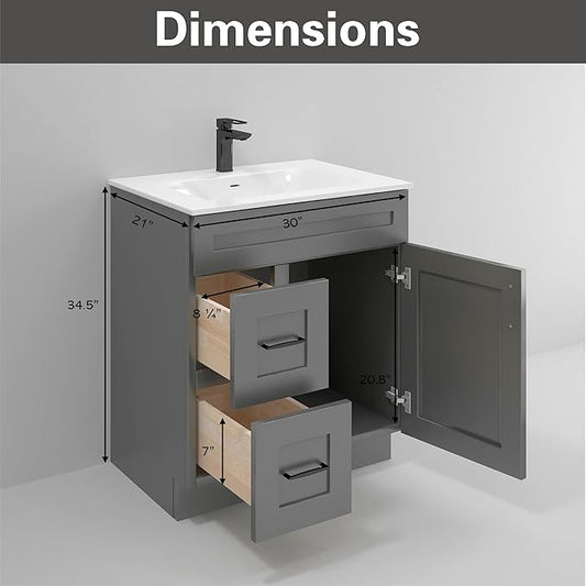 30" Shaker Bathroom Vanity Sink Base with Drawers (Ready-to-Assemble) (Grey Shaker Vanity Base)