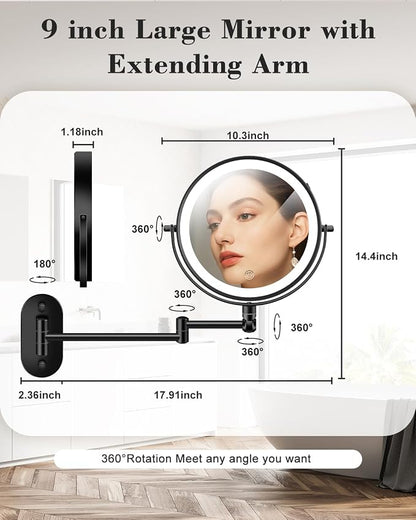 20X 9" Wall Mounted Magnifying Makeup Mirror with Light Height Adjustable | 5000mAh Double Sided Rechargeable LED Lighted Vanity Mirror with Magnification 3 Color Light up Extended Arm 360 Rotation