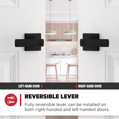 Kwikset Breton Entry Door Handle with Lock and Key, Secure Keyed Reversible Lever Exterior, For Front Entrance and Bedrooms, Matte Black , Pick Resistant Smartkey Rekey Security and Microban