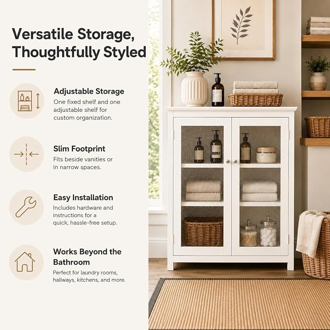 Teamson Home Conner Freestanding Two-Door Floor Storage Cabinet with 2 Adjustable Shelves, White
