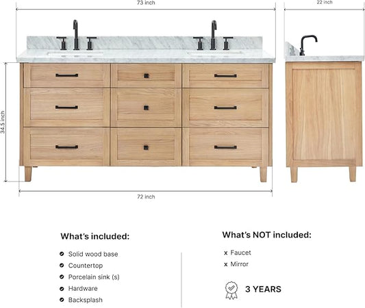 ARIEL Monroe 72-inch Bathroom Vanity with Sink,Solid Wood, 1.5-inch Italian Carrara Marble Countertop & Backsplash, Double Oval Porcelain Sink, 9 Dovetail Drawers, Matte Black, White Oak