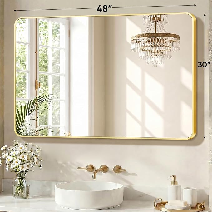 Sweetcrispy Bathroom Mirror, Vanity Mirrors for Wall, 30x48 Inch | Matte Metal Frame, Rounded Rectangle, Over Sink Home Decor, Living Room Bedroom, Gold