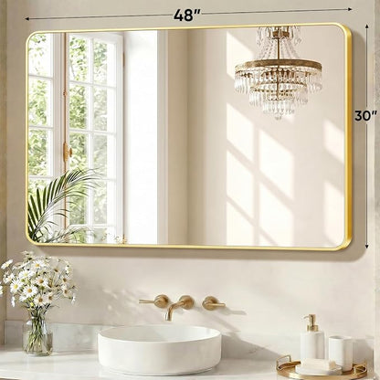 Sweetcrispy Bathroom Mirror, Vanity Mirrors for Wall, 30x48 Inch | Matte Metal Frame, Rounded Rectangle, Over Sink Home Decor, Living Room Bedroom, Gold