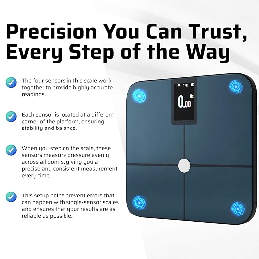 Premium Smart Digital Body Weight Scale - 4 Electrodes – 25+Metrics -Rechargeable- WiFi & Bluetooth - Full Body Analysis -Track Body Fat, Muscle Mass, Fat Percentage, Sleek Design