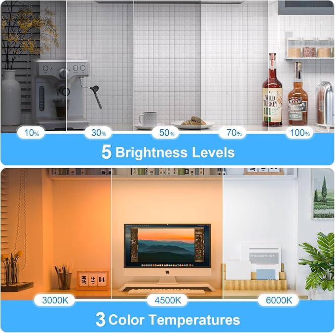 Ferswe 5W Rechargeable Light Bar - Touch Control 3-Color Adjustable, 120 LED Mirror Light with Magnetic Base, Battery Powered Stick-on Lamp for Cabinet, Closet, Kitchen, Bedroom, Bathroom, Wall