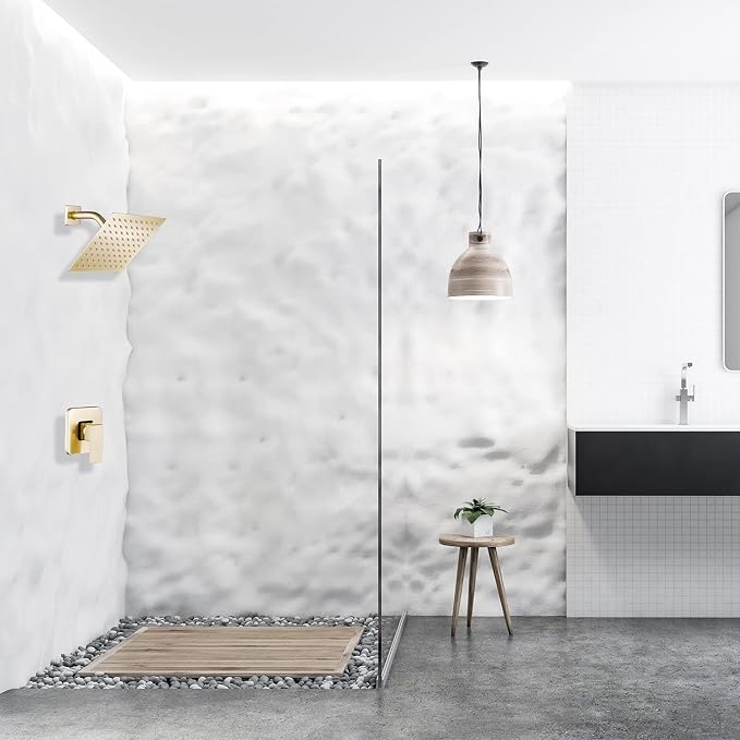 Brushed Gold Shower Faucet GGStudy Single Function Shower Trim Kit with Rough-in Valve Shower Set Bath Rainfall Shower Faucet System 8inch Square Stainless Steel Metal Shower Head