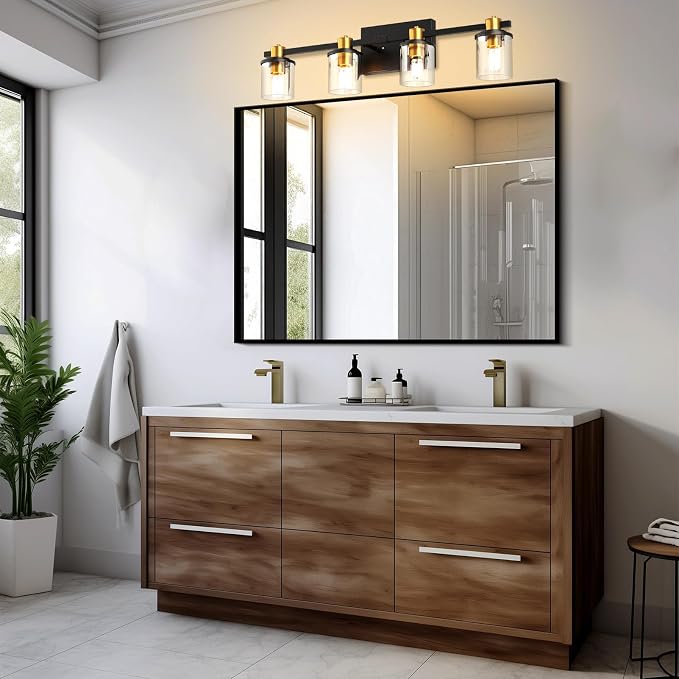 Lightdot 4 Light Bathroom Vanity Light, 27.5" Black and Gold Bathroom Light Fixtures with Glass Waterproof Shades, Rust-Proof Modern Vanity Lights Over Mirror for Kitchen Hallway Cabinet Porch
