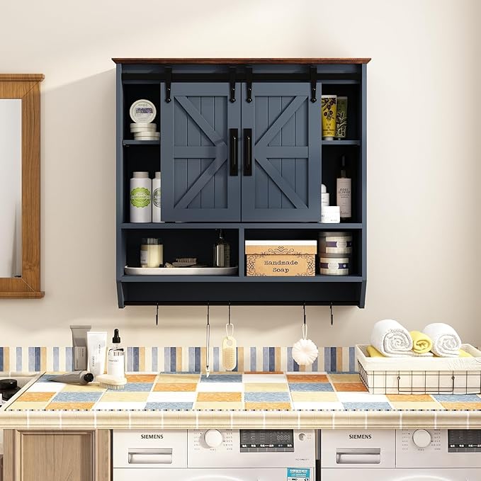 RUSTOWN Farmhouse Bathroom Wall Cabinet,3-Tier Rustic Wood Wall Mounted Cabinets,Vintage Medicine Cabinet with Sliding Barn Door and Adjustable Shelves,Over The Toilet Storage Cabinet (Navy Blue)
