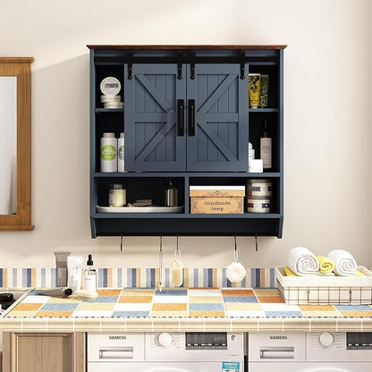 RUSTOWN Farmhouse Bathroom Wall Cabinet,3-Tier Rustic Wood Wall Mounted Cabinets,Vintage Medicine Cabinet with Sliding Barn Door and Adjustable Shelves,Over The Toilet Storage Cabinet (Navy Blue)