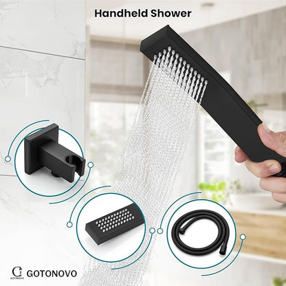 gotonovo Bathtub Shower Faucet Set, 8 Inch Shower Head, Matte Black | Wall Mounted Shower System with Tub Spout for Bathroom, Square High Pressure Rain Shower head with Handheld Spray, All Metal
