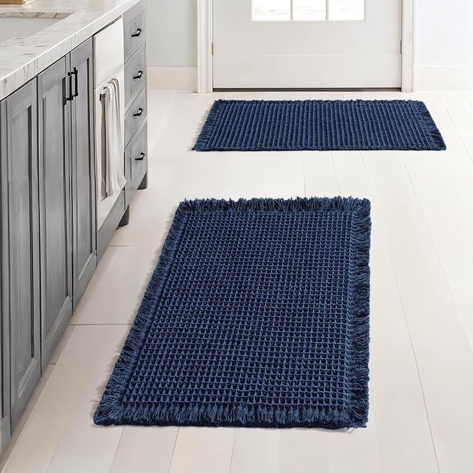 MIULEE Set of 2 Waffle Bathroom Rugs Boho Bath Mat Navy Blue 17x24 Inch | Non Slip, Super Absorbent, Washable, Ultra Soft, Rubber Backed, Small Bath Rugs for Bathroom Floor Tub Shower