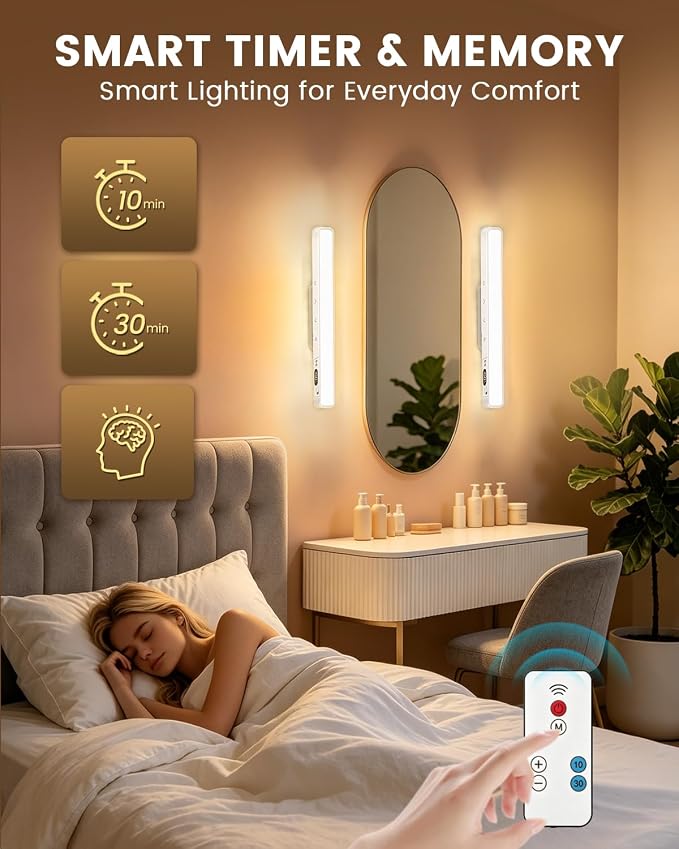 Wireless Vanity Lights for Mirror, Rechargeable Makeup Light Bar | 6W Magnetic Vanity Mirror Lights Stick On, 5 Color Temperatures & Dimmable, Remote & Touch Control, 2 Pack