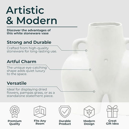 Decorative Half Body Ceramic Vase for Living Room Decor and Home Accents - Perfect for House and Table Decor Displays - Modern Flower Vase for Room, Bedroom, or Office Decor - 8", White