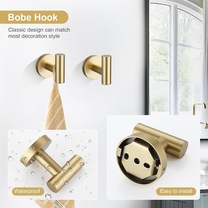 TQKAG 8-Pieces Bathroom Hardware Set, Brushed Gold Towel Bar Set 23.6 Inch | Towel Racks for Bathroom Wall, SUS304 Stainless Steel, Gold Bathroom Accessories with Paper Holders, Towel Rings, Towel Hooks