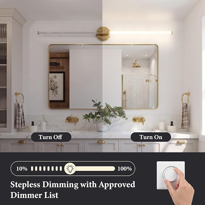 URSOLA 48" Modern LED Bathroom Light Fixtures, Golden 3CCT Dimmable Bathroom Vanity Light Over Mirror, Bathroom Vanity Bath Bar Lights with 360° Removable Acrylic Light Tube