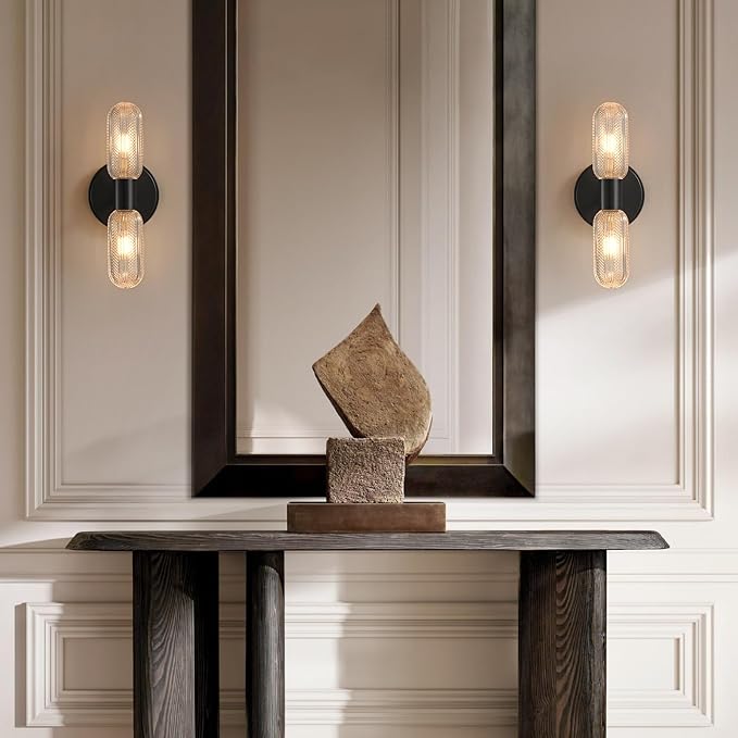 Matte Black Wall Sconces,12.3in 2-Light Knurled Glass Sconces Wall Lighting | Bathroom Brass Material Sconce, Wall Lights for Living Room Vanity Hallway Mirror,Entrance,Corridor，Hardwired, bulb included