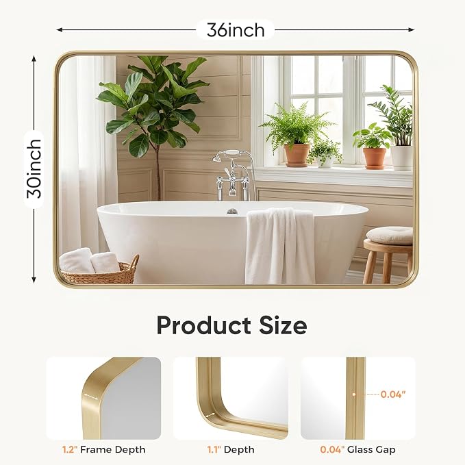 Sweetcrispy Bathroom Wall Mirror, 36x30 Inch Mirror for Over Sink, Gold | Modern Wall Mount Vanity Mirror, Rounded Rectangle with Matte Brush Metal Framed, for Home Decor, Living Room, Bedroom