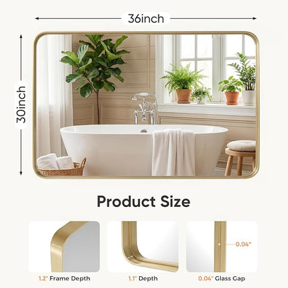 Sweetcrispy Bathroom Wall Mirror, 36x30 Inch Mirror for Over Sink, Gold | Modern Wall Mount Vanity Mirror, Rounded Rectangle with Matte Brush Metal Framed, for Home Decor, Living Room, Bedroom