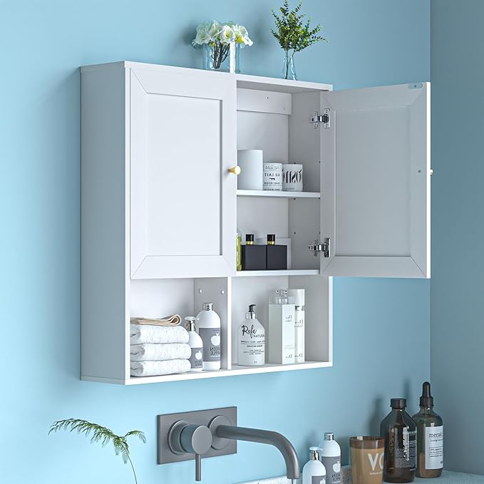 Bathroom Wall Cabinet, Medicine Cabinet with 2 Door and Adjustable Shelves,3-Tier Wood Hanging Storage Over The Toilet,White Wall Mounted Cabinet for Bathroom, Kitchen,Laundry Room
