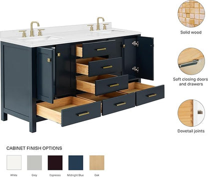 ARIEL Cambridge 66-inch Bathroom Vanity with Sink,Solid Wood, 1.5-inch Carrara White Quartz Countertop, Double Rectangular Porcelain Sink, 4 Soft Closing Doors, 6 Dovetail Drawers, Midnight Blue