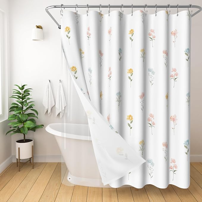 3 in 1 Shower Curtain Set, Botanical Floral | Polyester Bath Curtain with Magnetic PEVA Liner and 12 Double Sided Stainless Steel Hooks 72x72 Inches