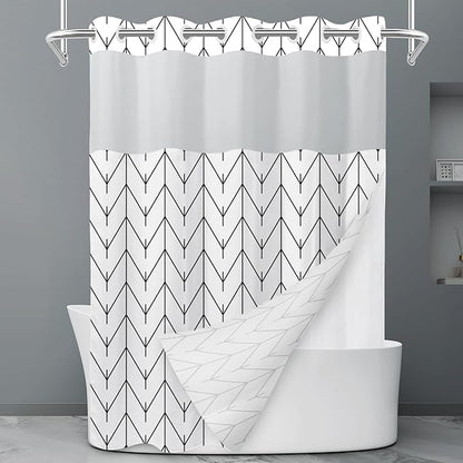 No Hook Geometric Striped Shower Curtain with Snap in Liner Set - Hotel Shower Curtain and Liner Set with See Through Mesh Top Window,Machine Washable, 71x74 INCH - Black & White Herringbone