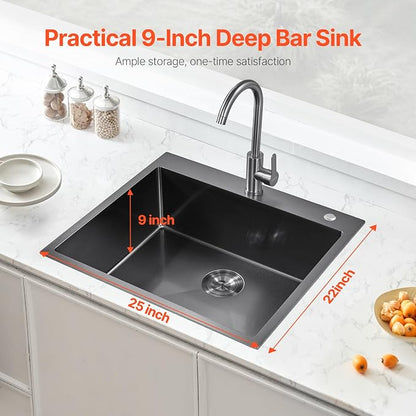 VEVOR 25" Recessed Kitchen Sink 9" Deep Top Mount Single Bowl Kitchen Sink 304 Stainless Steel Sink with Filter Basket Perfect for Home, RV, Laundry Room, Bar