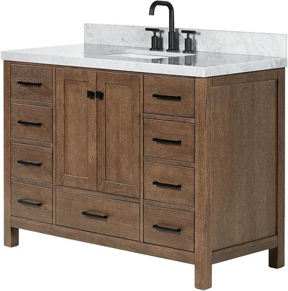Beckford 48-Inch Brown Oak Single Bathroom Vanity with Sink, 1.5-Inch Edge Italian Carrara Marble Countertop & 4" Backsplash, Soft-Closing Doors & Drawers, Solid Oak Wood Construction