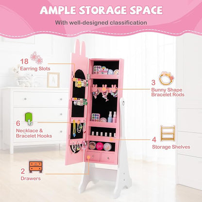 HONEY JOY Kids Jewelry Armoire Cabinet, Rabbit Themed Wooden Standing Jewelry Organizer w/Full-length Mirror and Storage Drawers, Children Dress Up Jewelry Cabinet for Little Girls (Pink)