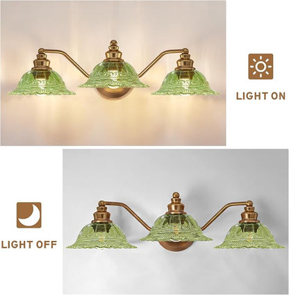 Redluck Vintage Bathroom Vanity Light Fixture, 3-Light Bathroom Lighting Fixtures Over Mirror, Antique Brass Finish with Green Crystal Glass Shade, Wall Sconces Lighting for Bedroom, Living Room