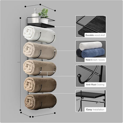 Sorbus Bathroom Towel Holder - 5 Tier Metal Towel Rack with Wood Shelf for Rolled Bath Towels, Washcloths, Linens, Hand Towels, Soaps & Accessories - Wall Mounted Towel Rack for Bathroom Towel Storage