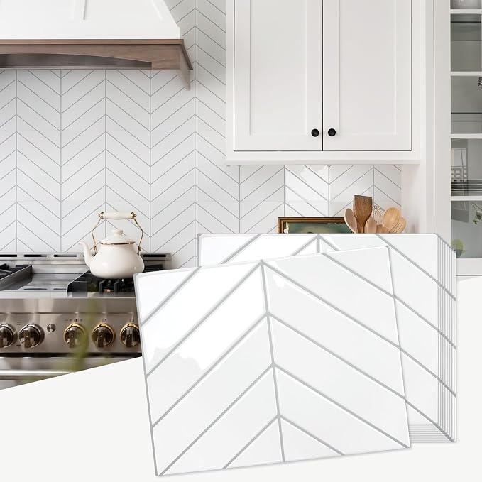 STICKGOO Herringbone Peel and Stick Backsplash, White/Grey Grout, 10 Sheets | 12.6 x 9.7 in, Thicker Rectangular Vinyl Stick-On Wall Tiles, Easy Alignment, Waterproof, Easy to Clean, Kitchen/Bathroom