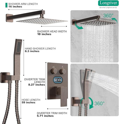 Push Button Diverter Shower Faucet Set Hydro Power Temperature Display, Shower System 10 Inches Shower Head with Handheld Spray, Wall Mounted Shower Fixtures with Valve and Trim Kit, Oil Rubbed Bronze