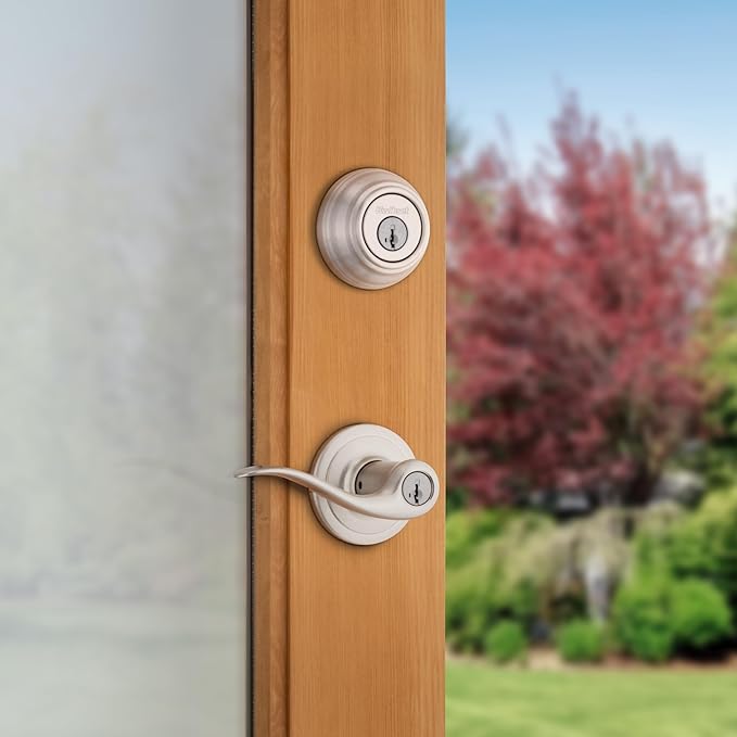 Kwikset 991 Tustin Entry Lever and Single Cylinder Deadbolt Combo Pack featuring SmartKey in Satin Nickel, Model Number: 99910-040