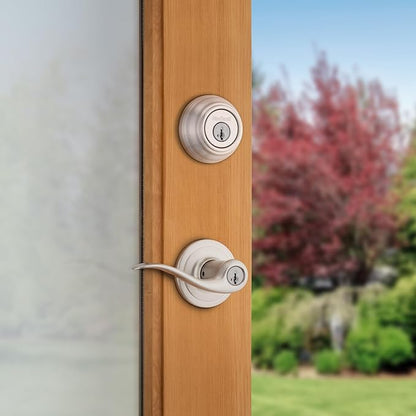 Kwikset 991 Tustin Entry Lever and Single Cylinder Deadbolt Combo Pack featuring SmartKey in Satin Nickel, Model Number: 99910-040