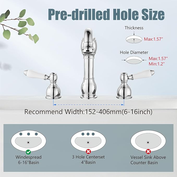 Aolemi 8 Inch Widespread Bathroom Sink Faucet 3 Hole Deck Mount Vanity Basin Mixer Tap with Pop Up Drain Assembly Polish Chrome Double Ceramic Handle