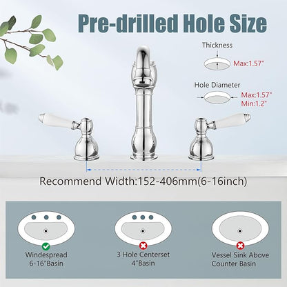 Aolemi 8 Inch Widespread Bathroom Sink Faucet 3 Hole Deck Mount Vanity Basin Mixer Tap with Pop Up Drain Assembly Polish Chrome Double Ceramic Handle